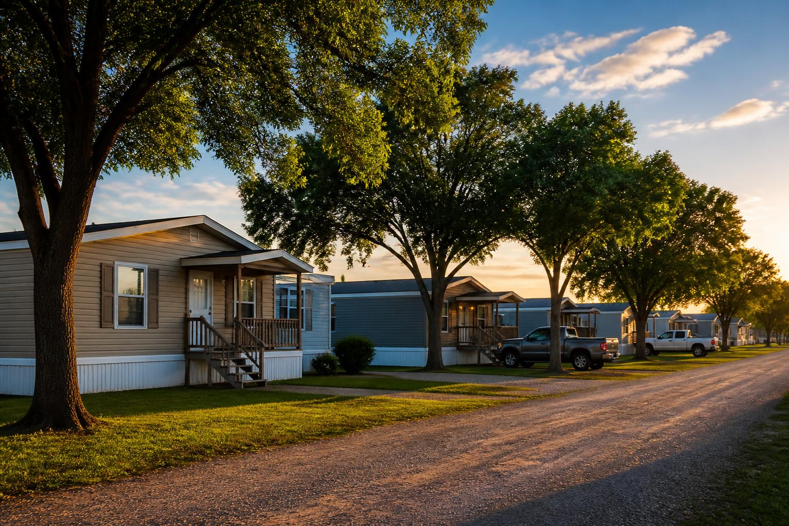 Oklahoma mobile home community at golden hour